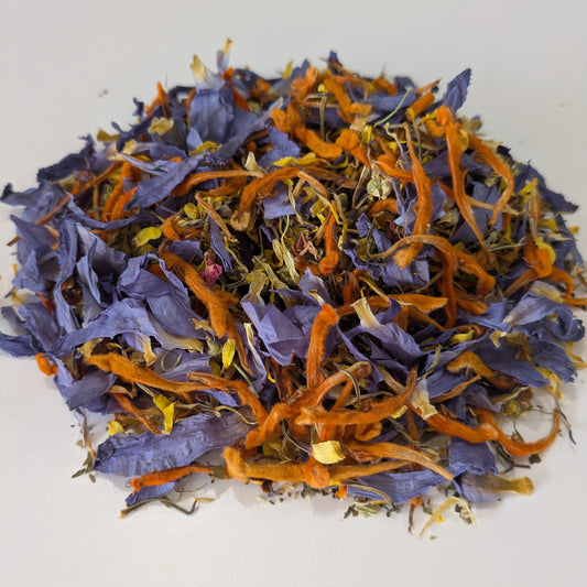 wild dagga, blue lotus, chamomile tea blend subtle euphoria by astral herbal on a white background.