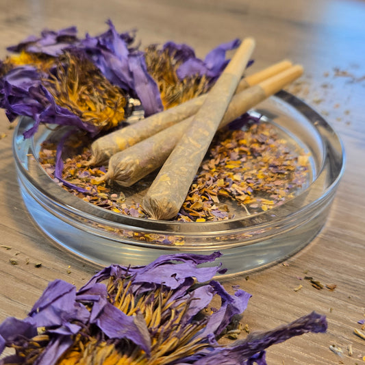 Three Astral Herbal pre rolls on a glass jar filled with dried blue lotus petals