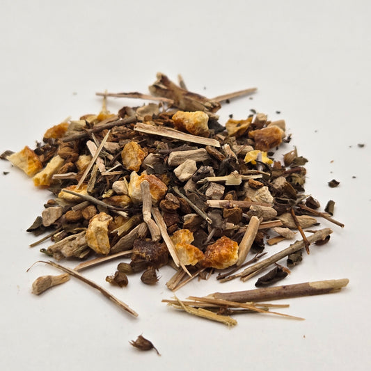 A mix of St. John's wort, ashwaghanda, orange peel, and other herbs by Astral Herbal on a white background.