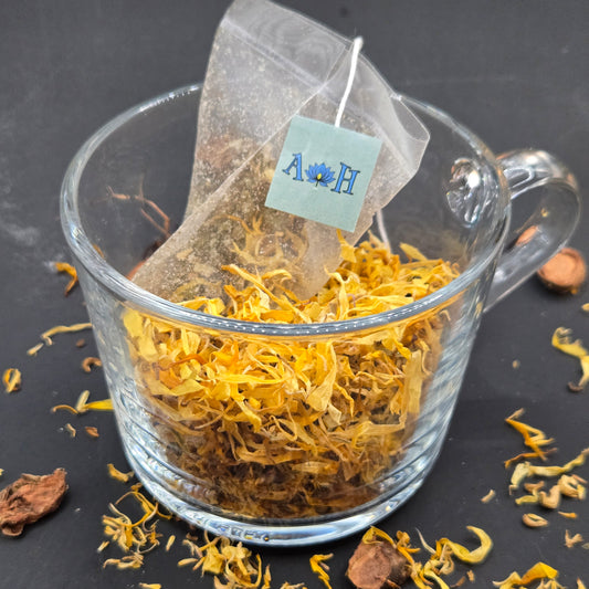 Astral Herbal mindful uplift tea bag calendula rhodiola root tulsi holy basil peppermint tea cup