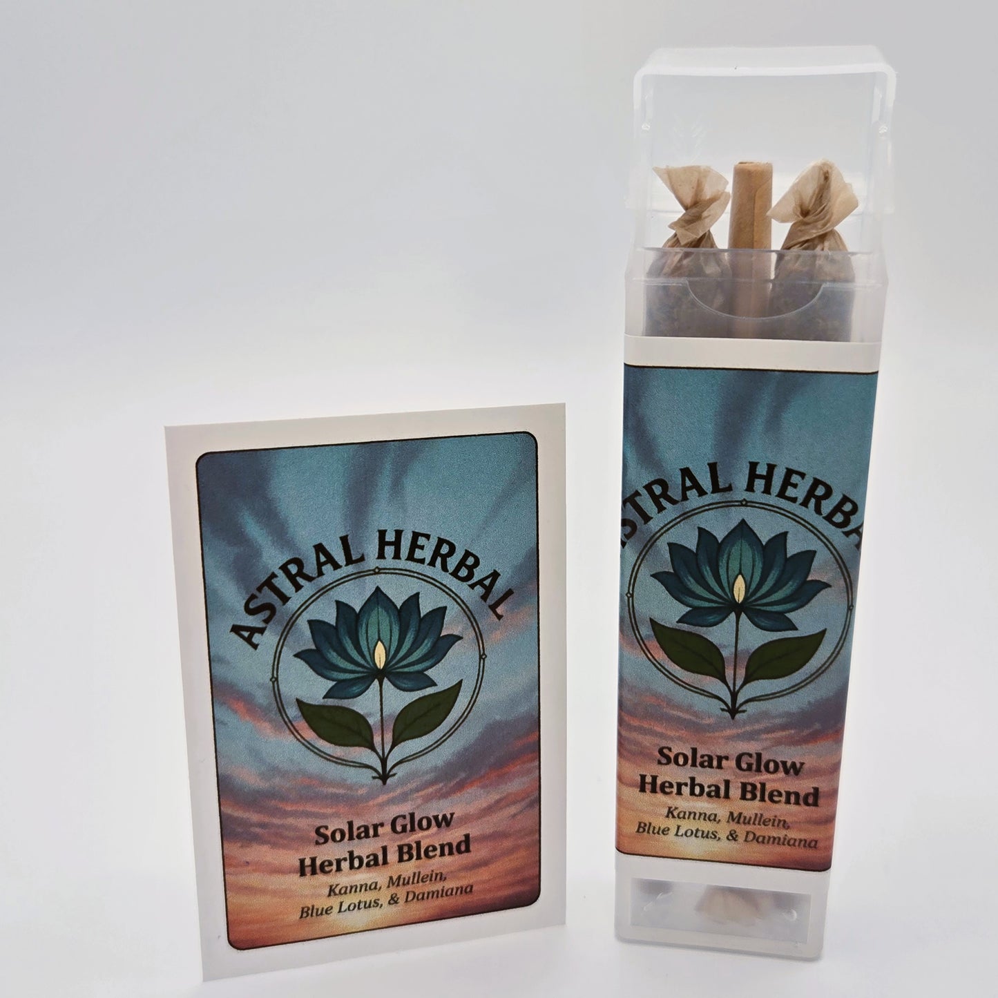 Astral Herbal Solar Glow Herbal Blend packaging with a card on a white background