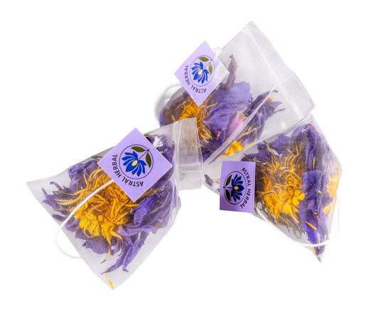 Three clear bags with dried flowers and purple labels on a white background