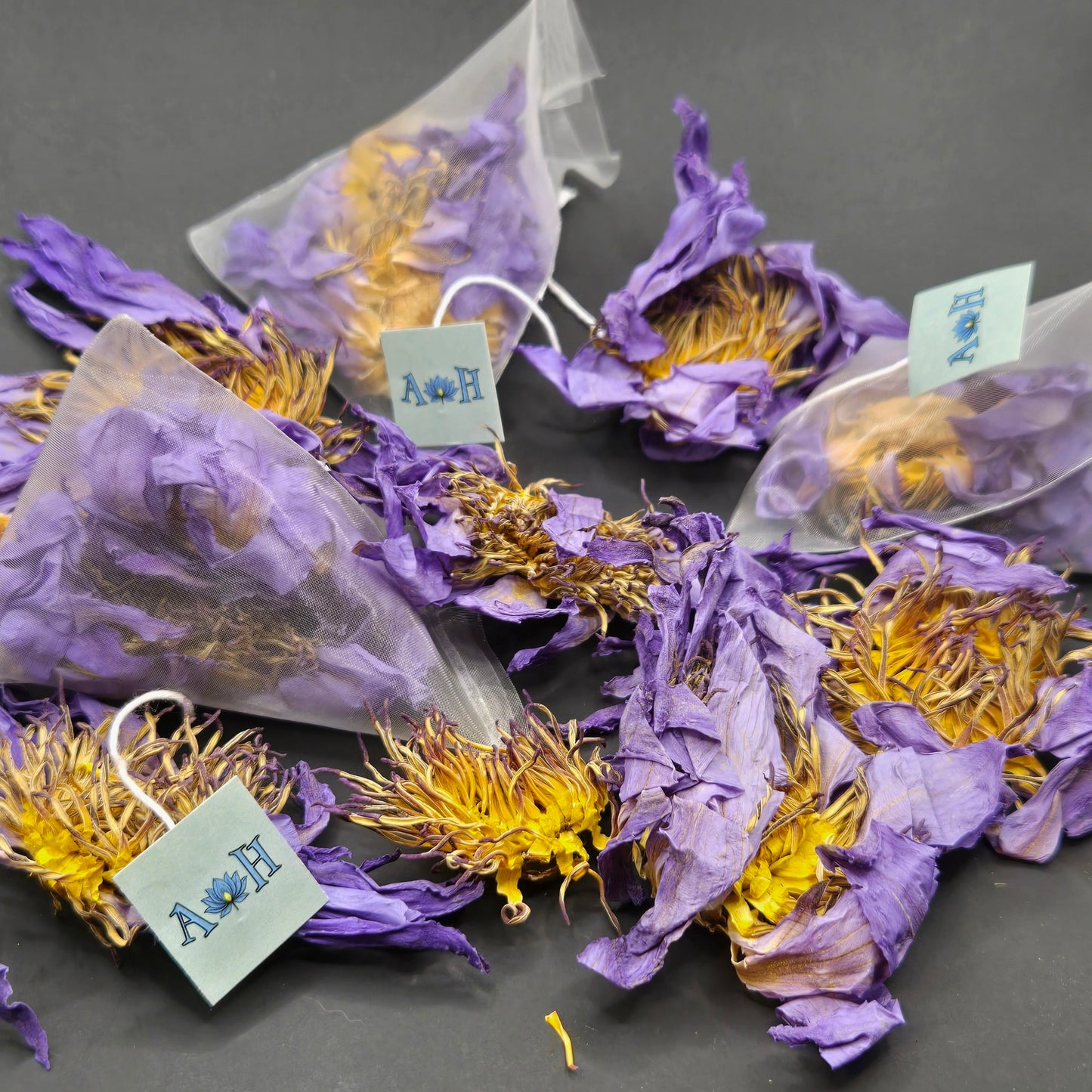 Blue lotus pyramid tea bags by Astral Herbal on a black background with dried blue lotus flowers.