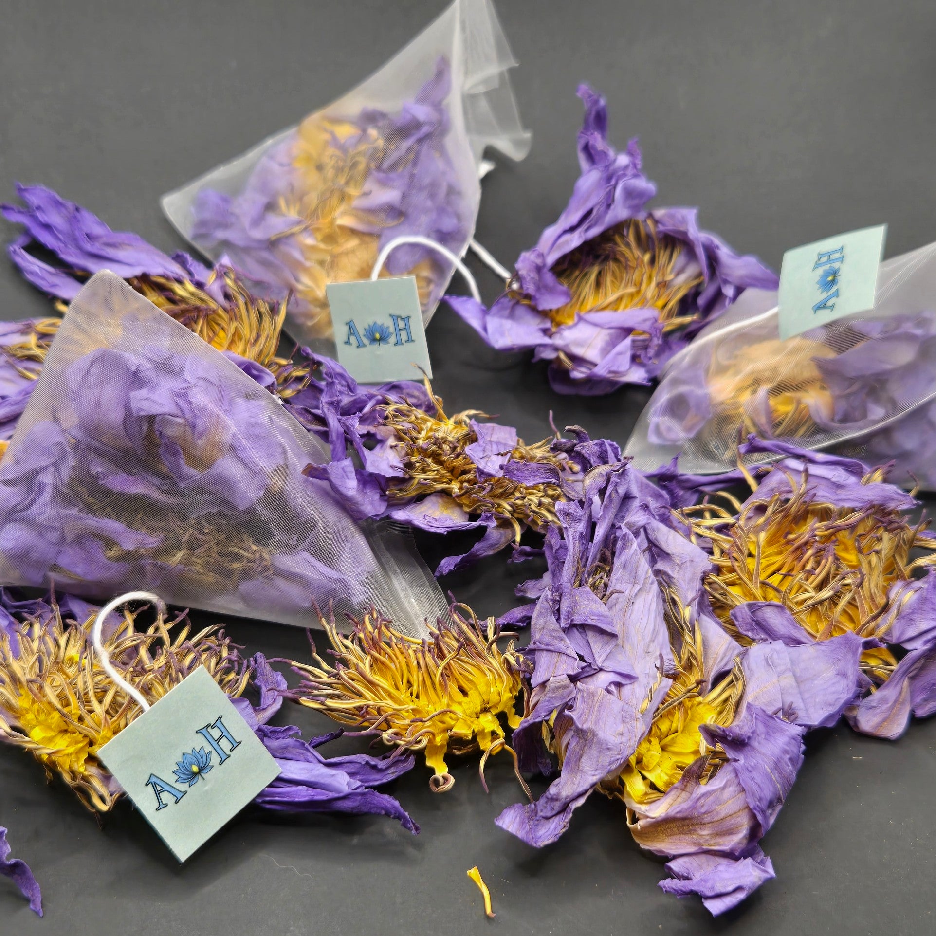 Blue lotus pyramid tea bags by Astral Herbal on a black background with dried blue lotus flowers.