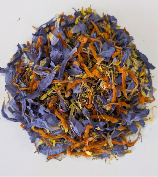 wild dagga, blue lotus, chamomile tea blend subtle euphoria by astral herbal on a white background.