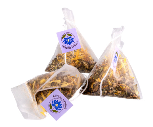 Three triangular tea bags with visible herbs inside, branded 'Astral Herbs', on a white background.