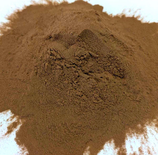 Brown blue lotus extract powder (200:1) by Astral Herbal. The Nymphaea caerulea extract powder is arranged loosely in a mound on a white background.