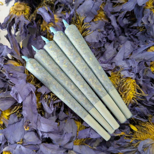 blue lotus pre rolls stacked on top of whole blue lotus flowers by Astral Herbal