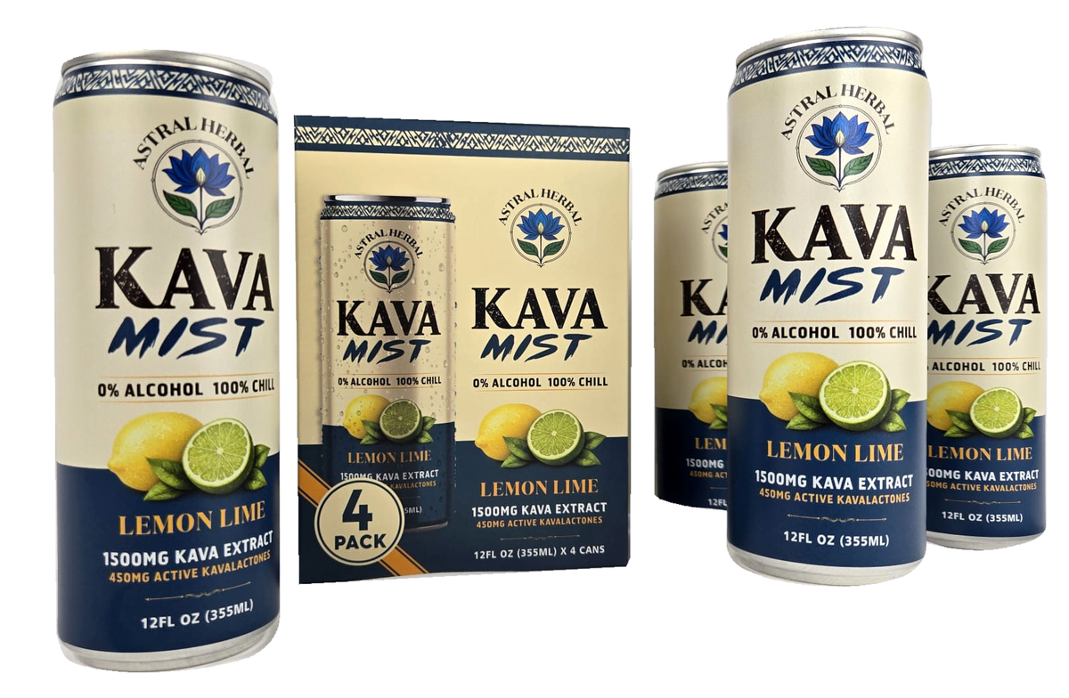 Astral Herbal Kava Mist Lemon Lime four-pack box with four 12 fl oz cans on a white background
