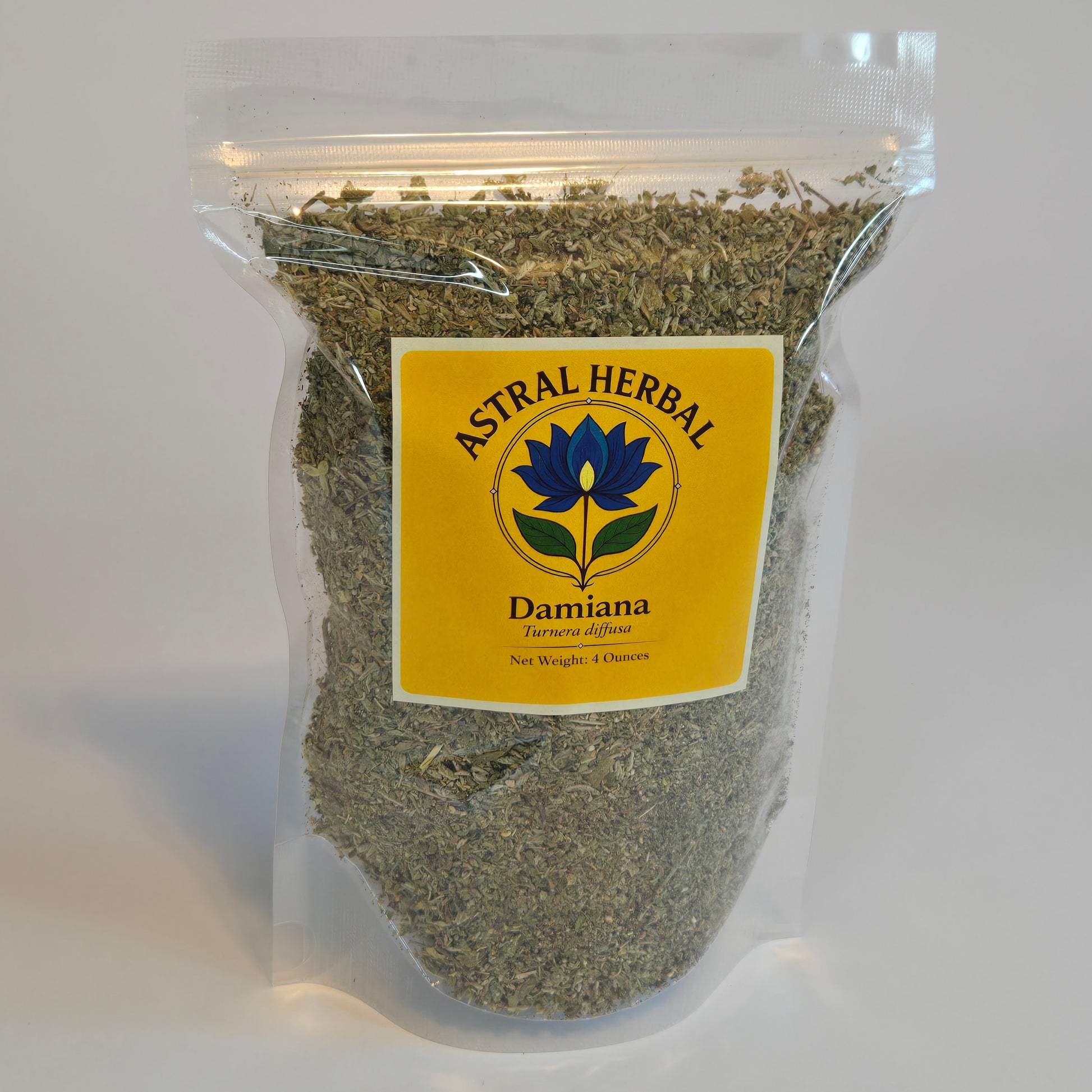 Packaged herbs with a label on a white background