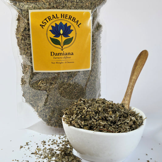 Astral Herbal Damiana packaging with a bowl of dried herbs and a wooden spoon on a white background