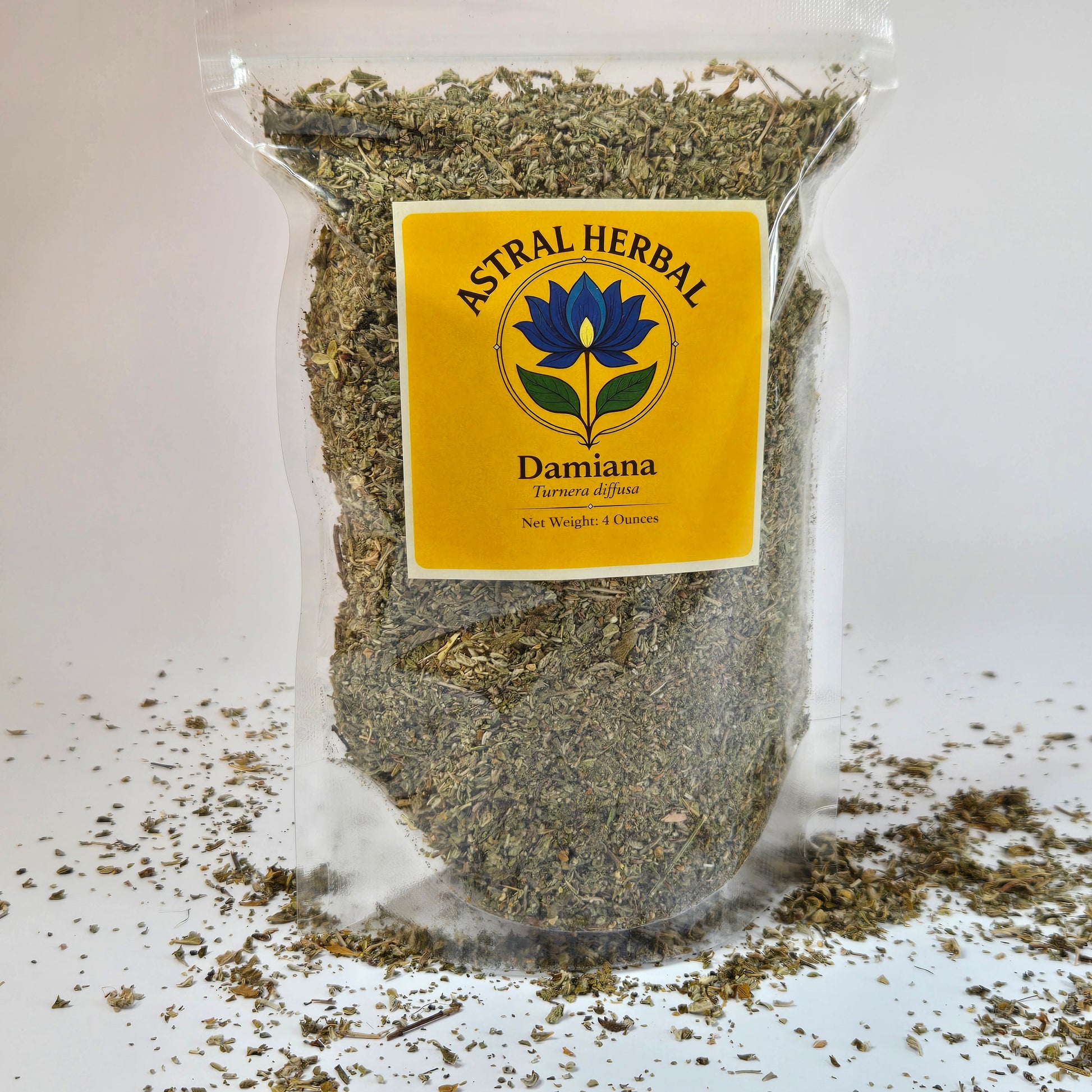 Herbal product with a yellow label on a white background