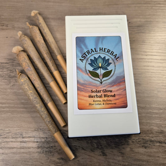 Astral Herbal Solar Glow Herbal Blend packaging with sticks on a wooden surface