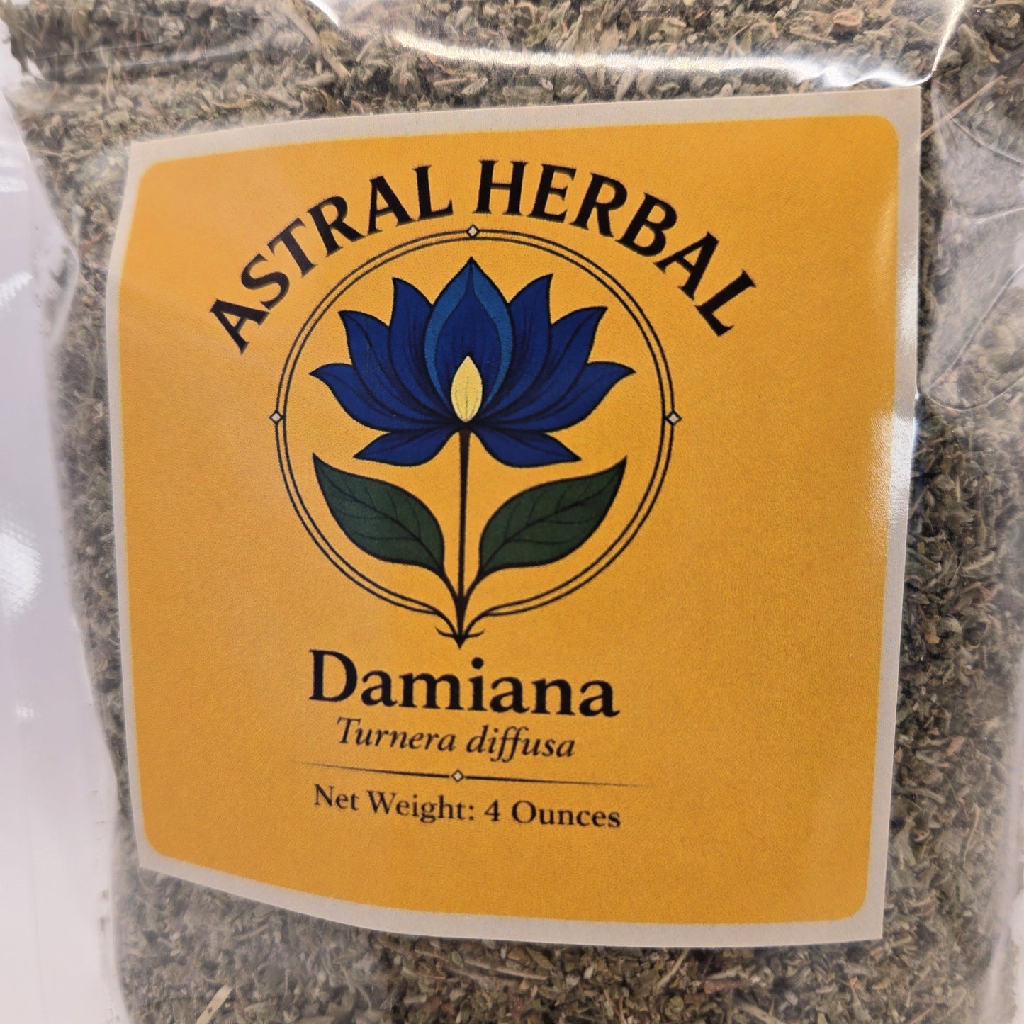 Packaged Astral Herbal Damiana with a yellow label featuring a blue flower design.