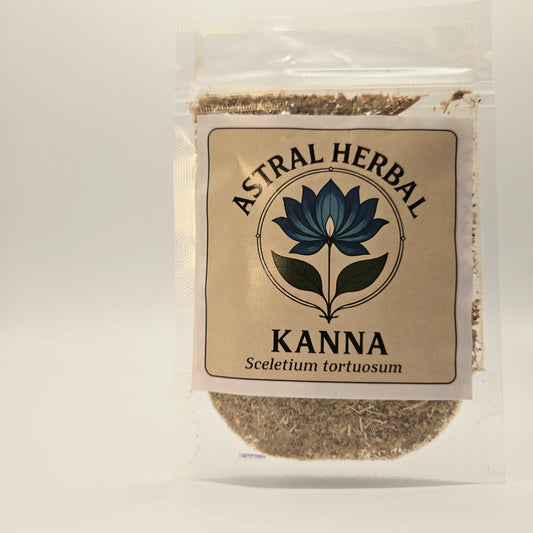 Packaged kanna with 'Astral Herbal' label on a white background