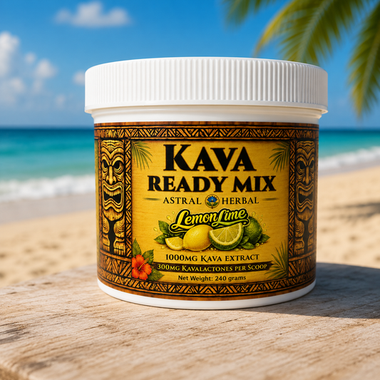 Kava Ready Mix container with beach and palm tree in the background