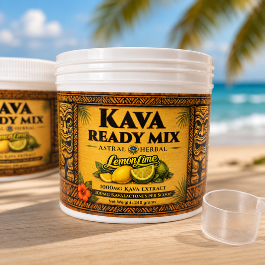 Kava Ready Mix container with lemon lime flavor on a beach background