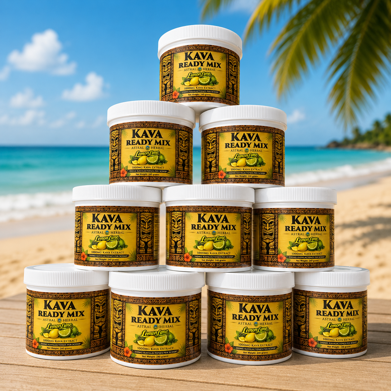 Stack of Kava Ready Mix containers with a beach background