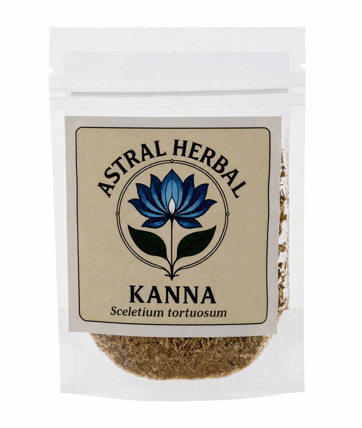 A clear stand-up pouch containing dried Kanna leaves, with a beige front label reading 'Astral Herbal' and 'Kanna' beneath a blue lotus logo.
