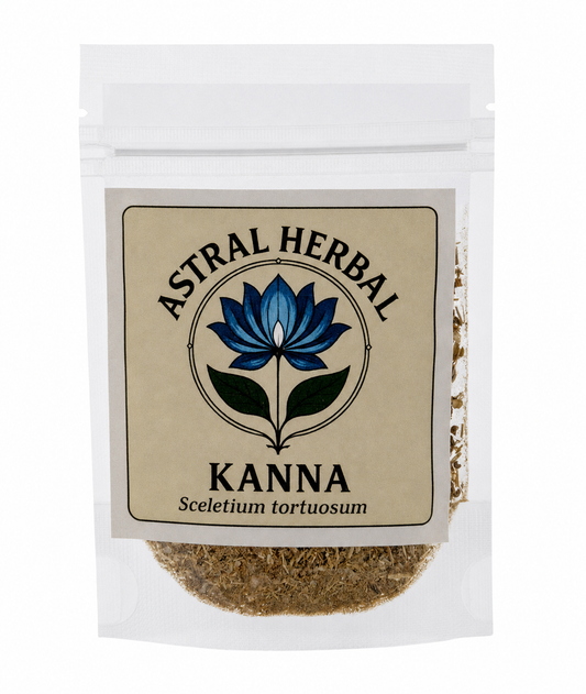 A clear stand-up pouch containing dried Kanna leaves, with a beige front label reading 'Astral Herbal' and 'Kanna' beneath a blue lotus logo.
