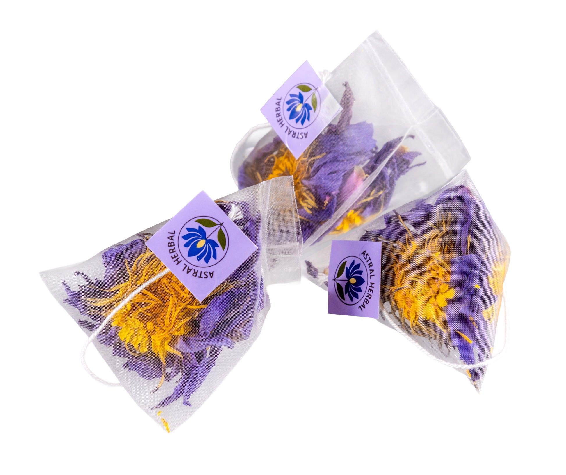 Three clear bags with dried flowers and purple labels on a white background