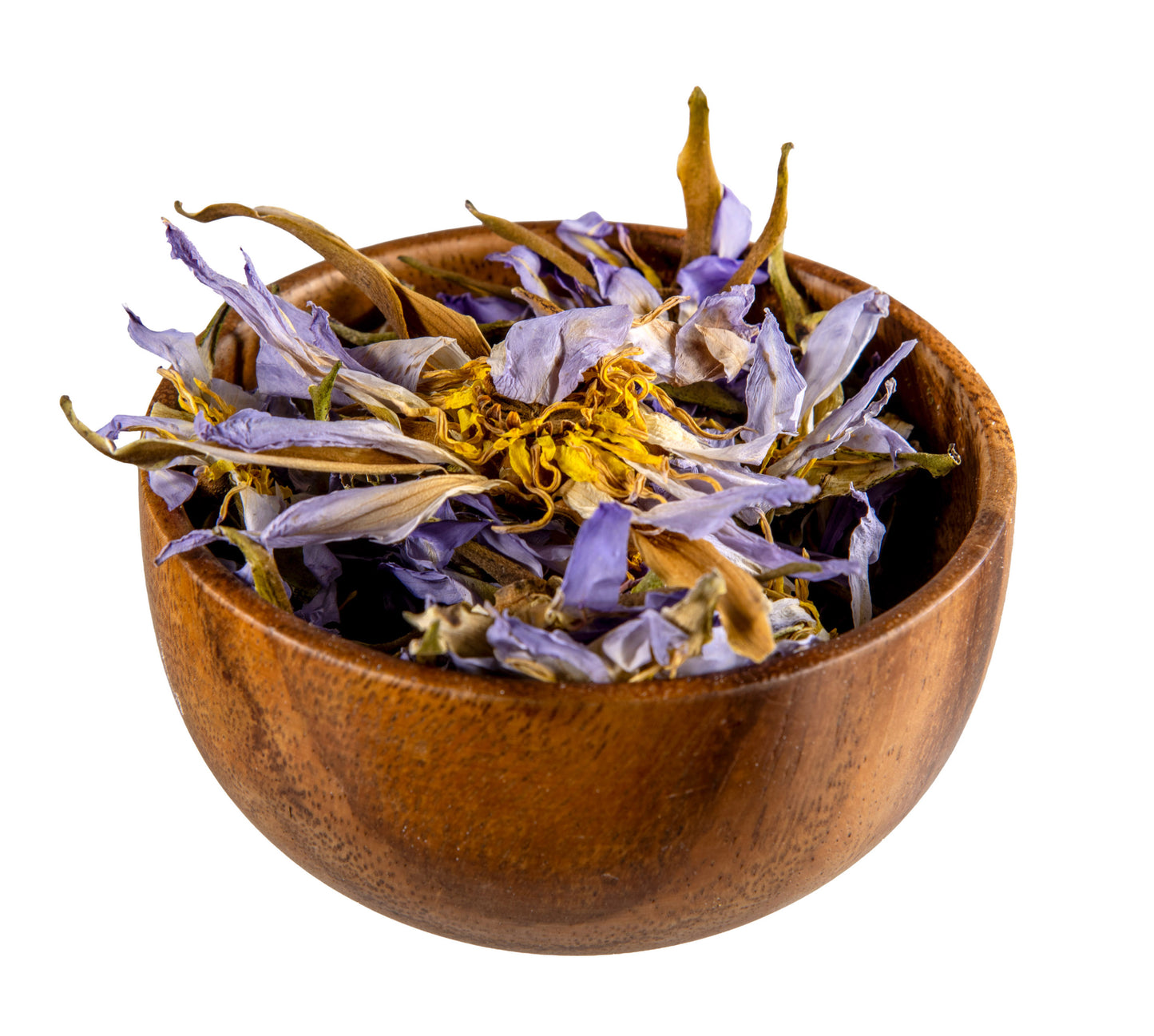 Wooden bowl filled with dried flowers on a white background