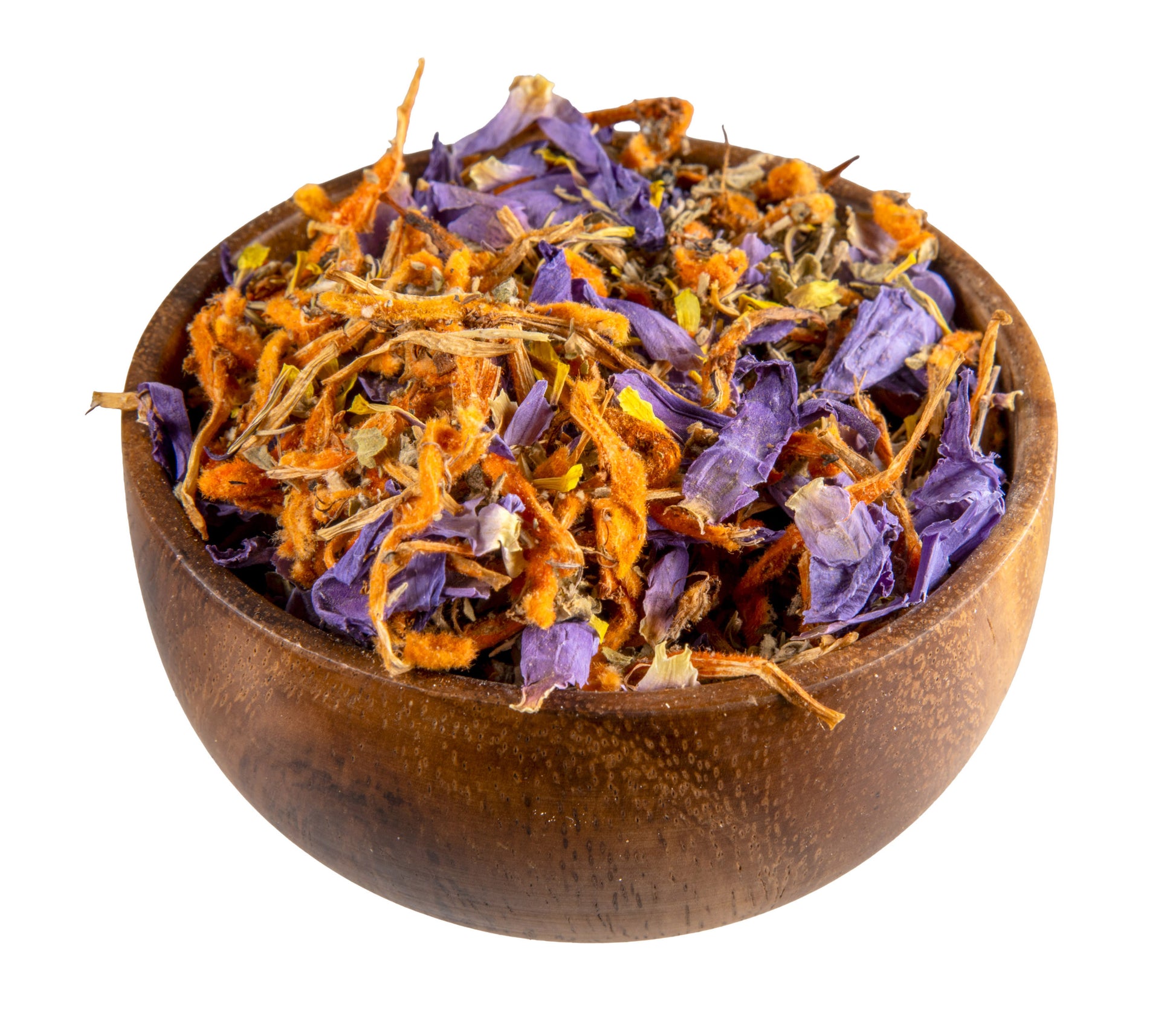 Wooden bowl filled with dried orange and purple flowers on a white background