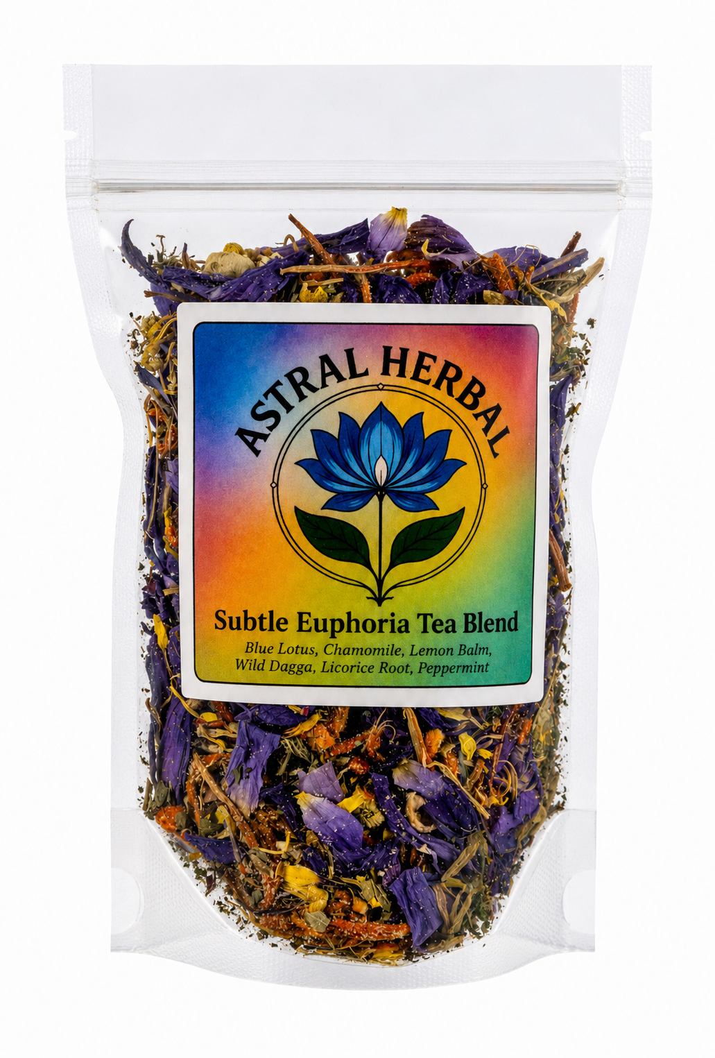 Astral Herbal Subtle Euphoria Tea Blend packaging with dried herbs visible