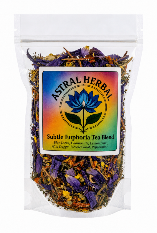 Astral Herbal Subtle Euphoria Tea Blend packaging with dried herbs visible