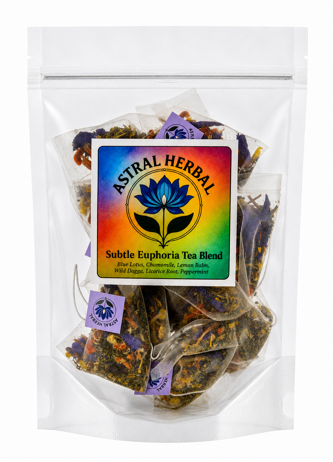 Tea bags in a clear package with Astral Herbal branding on a white background
