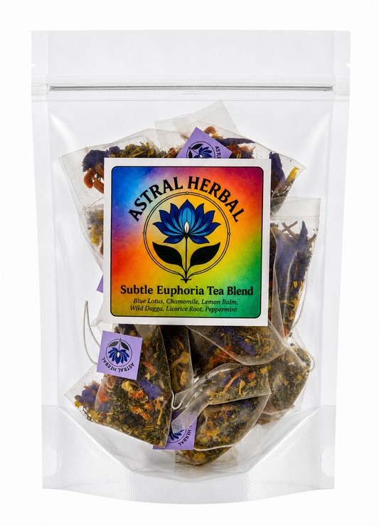 Tea bags in a clear package with Astral Herbal branding on a white background