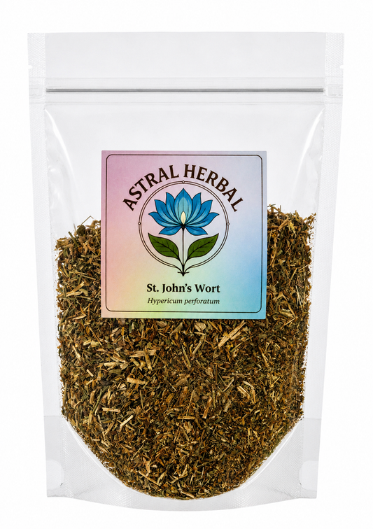 Packaged St. John's Wort from Astral Herbal with a clear front for visibility.