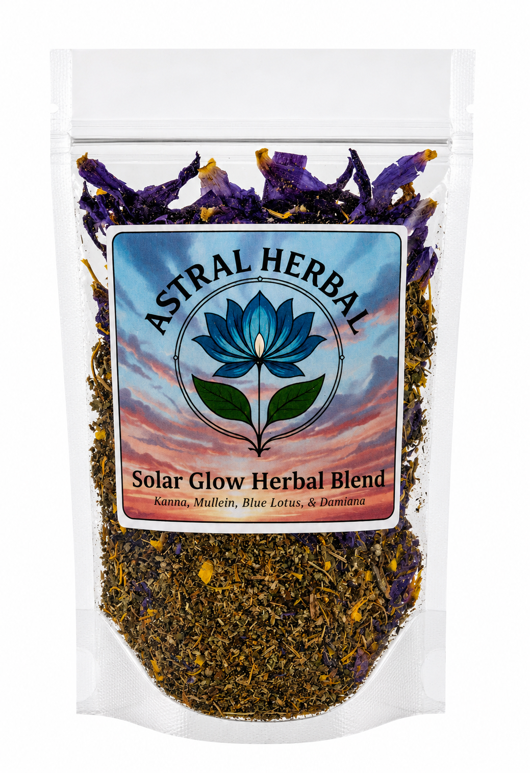 Astral Herbal Solar Glow Herbal Blend packaging with dried herbs and brand logo.