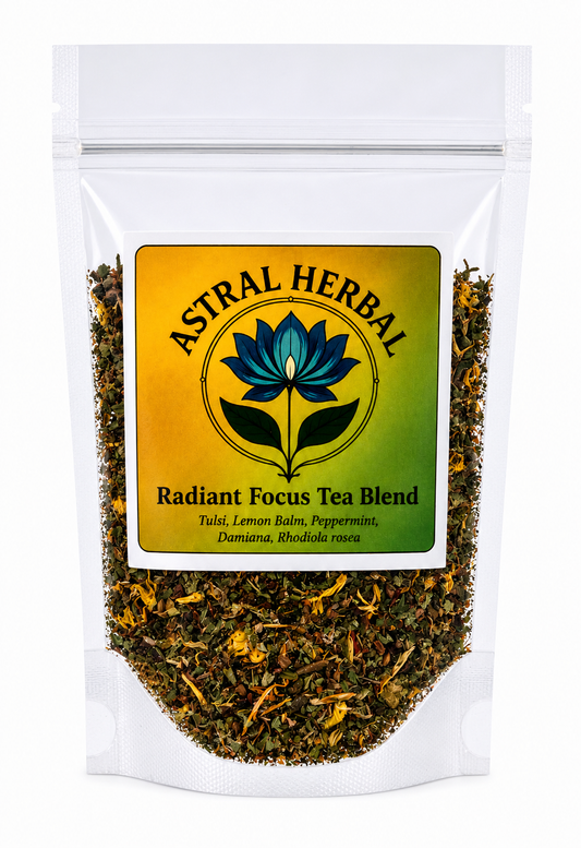 Astral Herbal Radiant Focus Tea Blend packaging with tea leaves visible