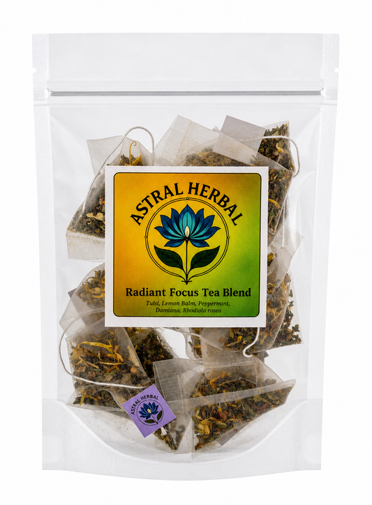 Tea bags in a clear package with Astral Herbal label on a white background