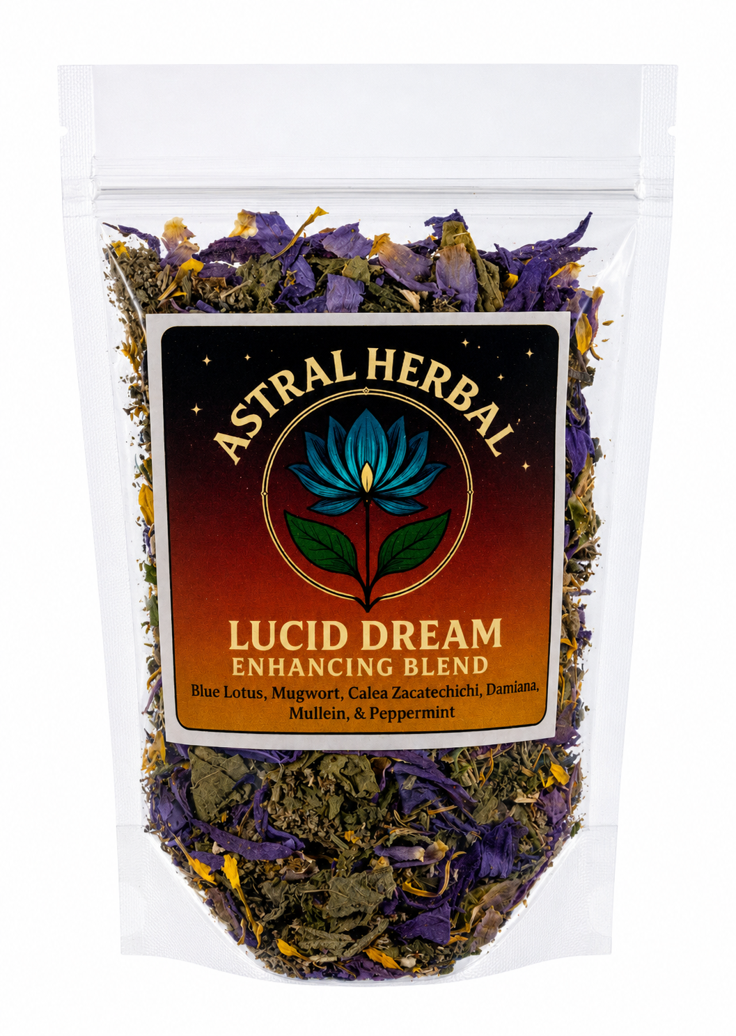 Astral Herbal Lucid Dream Enhancing Blend packaging with dried herbs.
