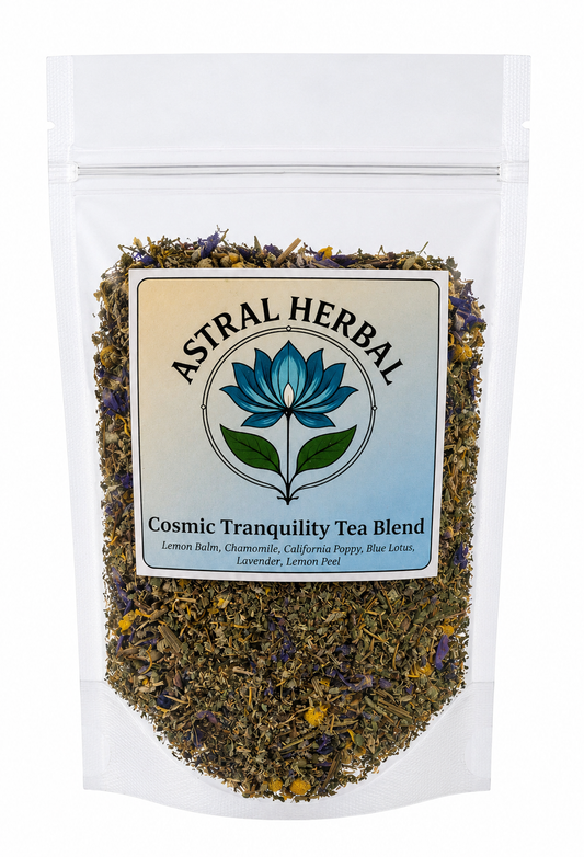 Astral Herbal Cosmic Tranquility Tea Blend packaging with herbs visible through the clear front.