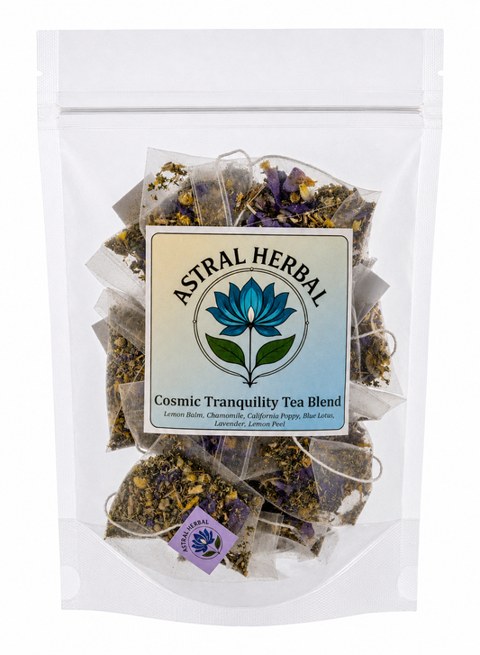 Tea bags with visible herbs in a clear package labeled 'Astral Herbal' on a white background.