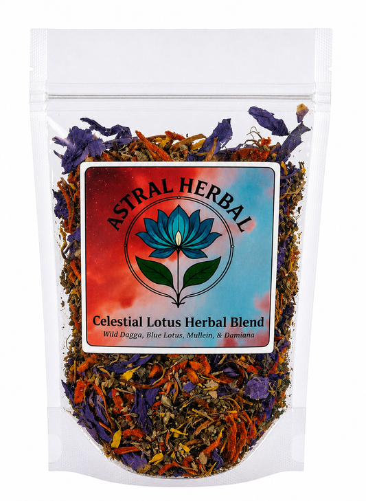 Astral Herbal Celestial Lotus Herbal Blend packaging with dried herbs on a white background