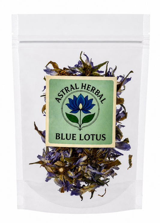 Astral Herbal Blue Lotus packaging with dried blue lotus flowers on a white background