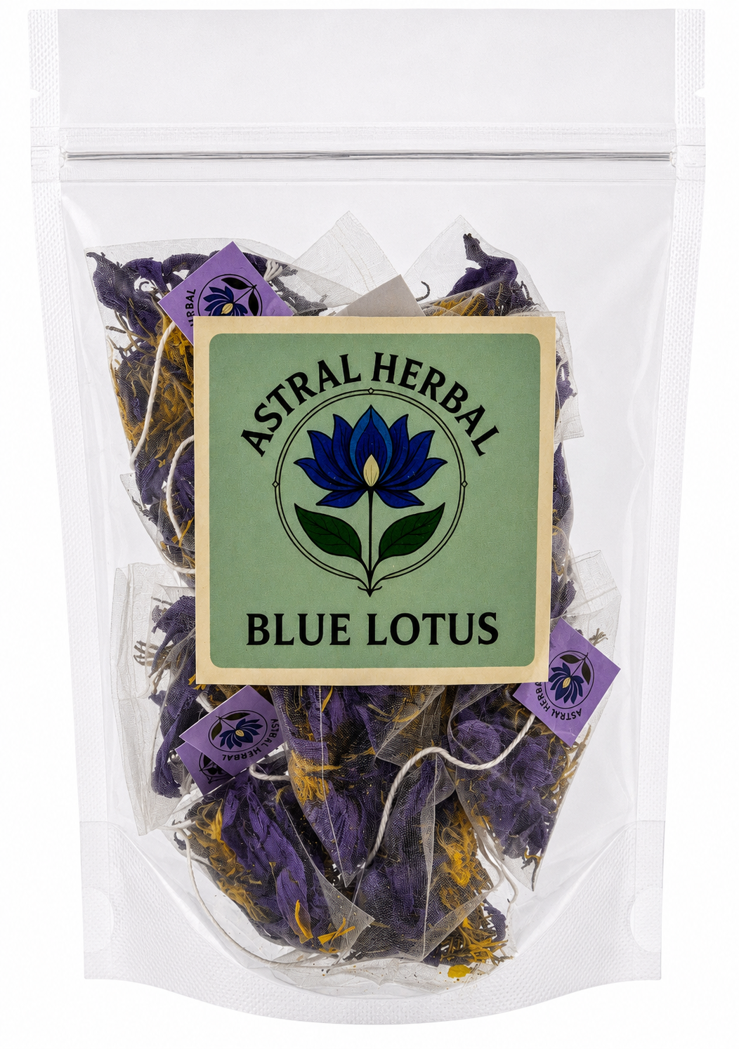 Packaged blue lotus flowers with Astral Herbal label on a white background