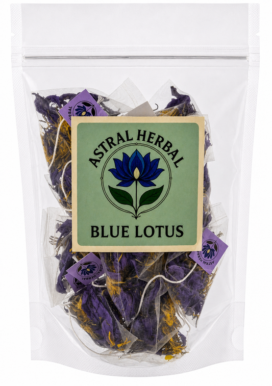Packaged blue lotus flowers with Astral Herbal label on a white background