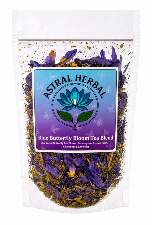 Packaged tea blend with 'Astral Herbal' label on a white background