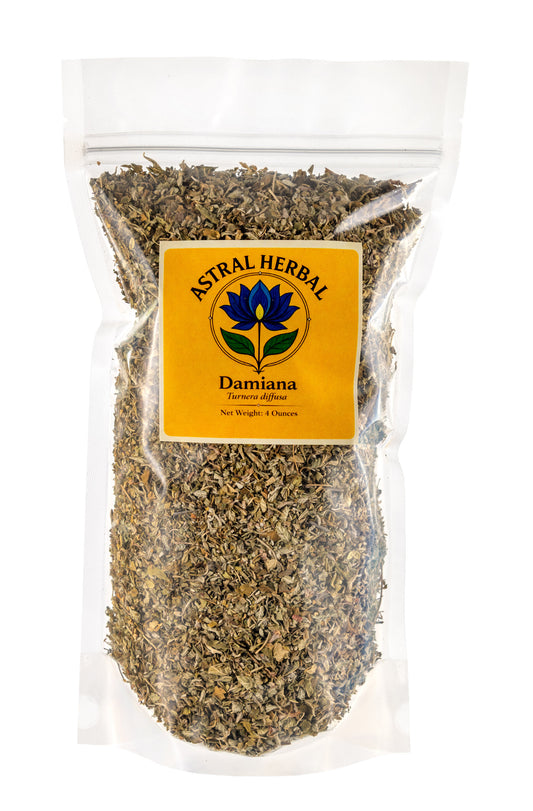Packaged herbs with Astral Herbal Damiana label on a white background