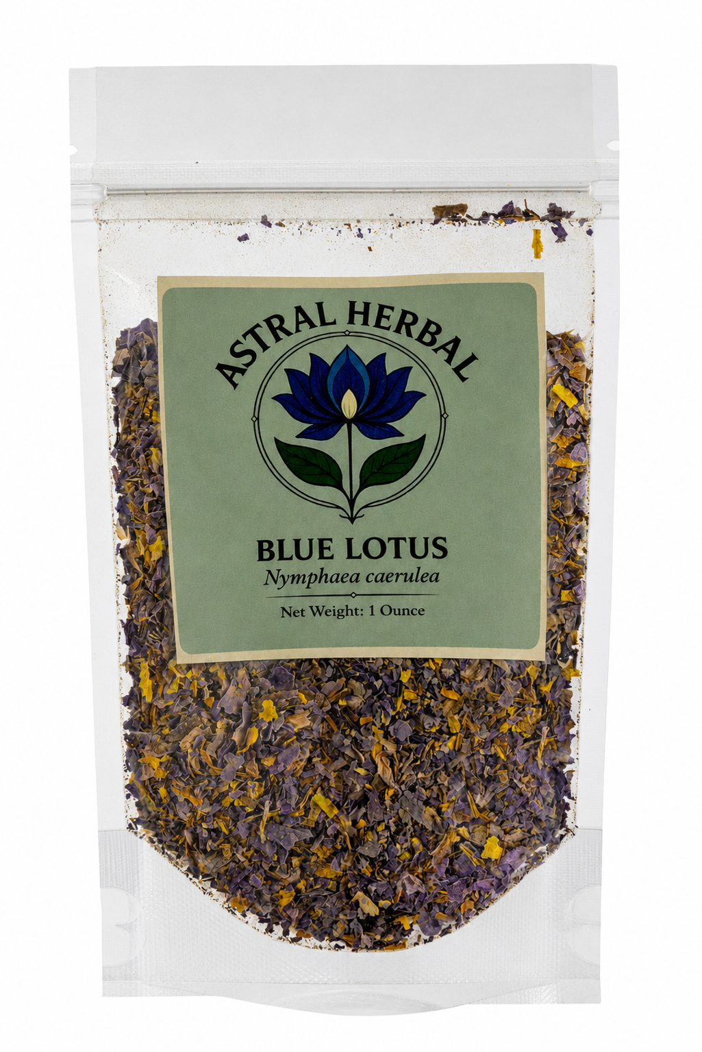 A clear stand-up pouch of Astral Herbal Blue Lotus herbal tea, showing dried purple and yellow flower pieces inside, with a green label on the front.