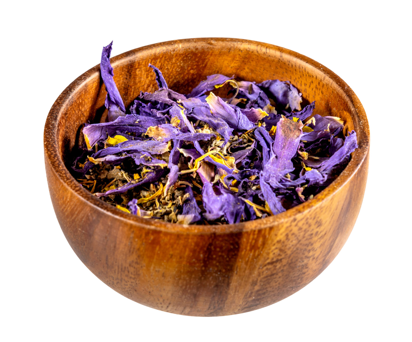 Wooden bowl filled with purple dried flowers on a white background