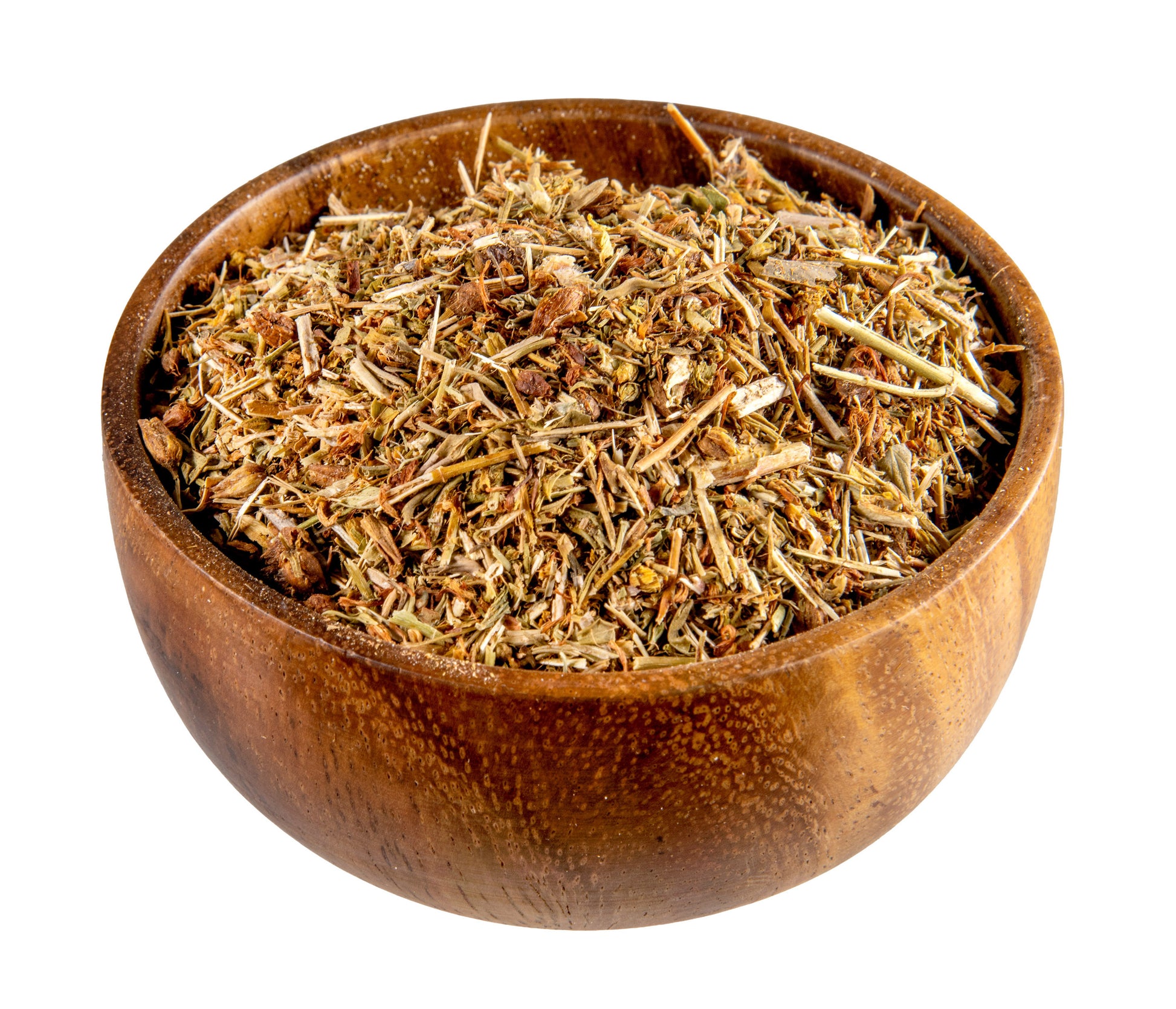Wooden bowl filled with dried St. John's Wort on a white background