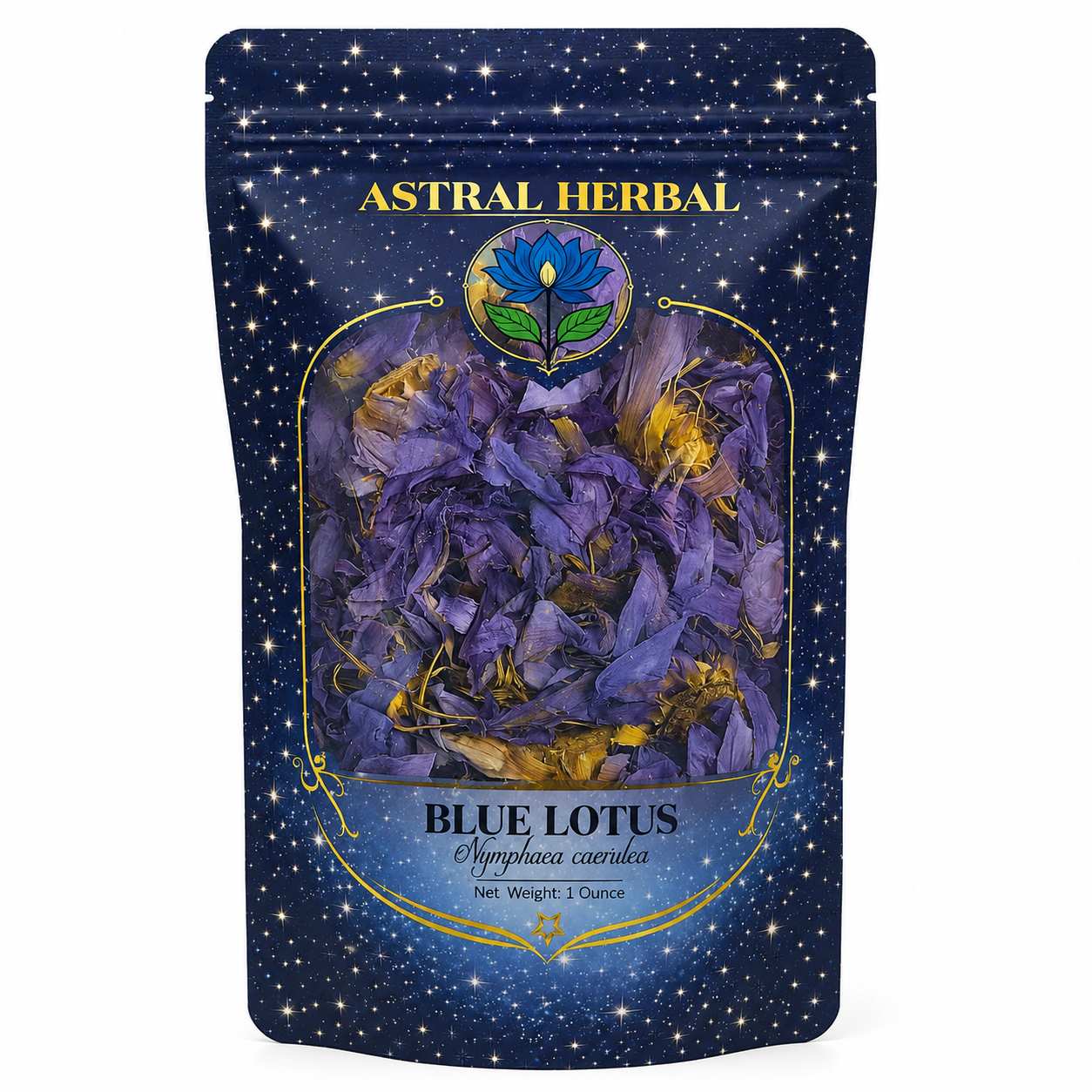 Astral Herbal Blue Lotus packaging with starry background