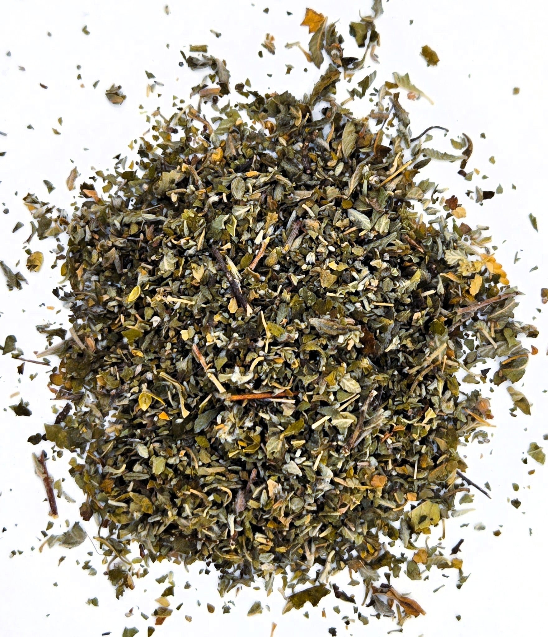 Dry damiana herb mixture on a white background