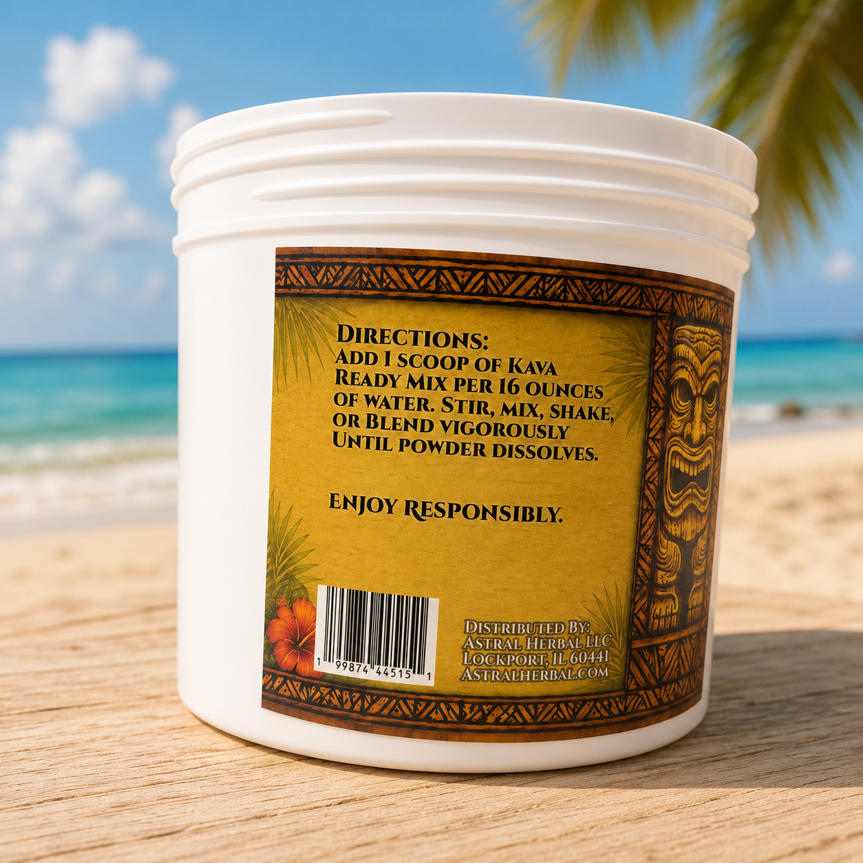 Kava Ready Mix container by Astral Herbal on a beach background